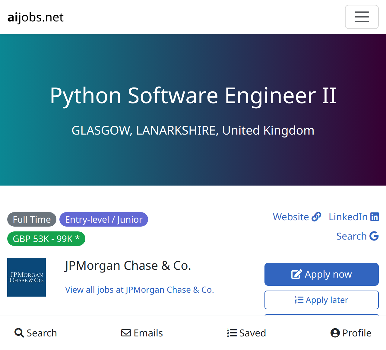 Python Software Engineer Ii At Jpmorgan Chase Co Glasgow