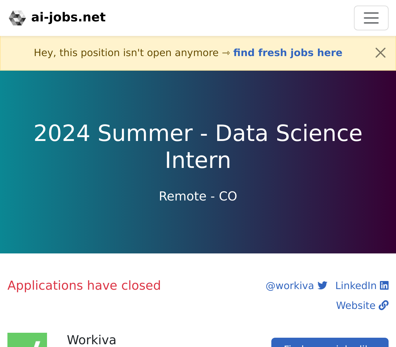 2024 Summer Data Science Intern at Workiva Remote CO