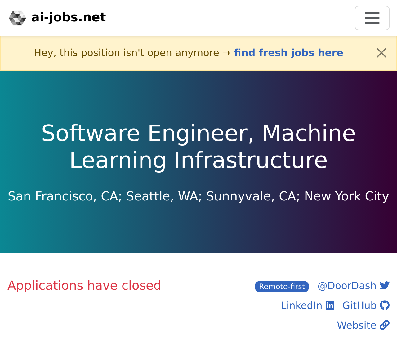 Software Engineer, Machine Learning Infrastructure at DoorDash - San  Francisco, CA; Seattle, WA; Sunnyvale, CA; New York City