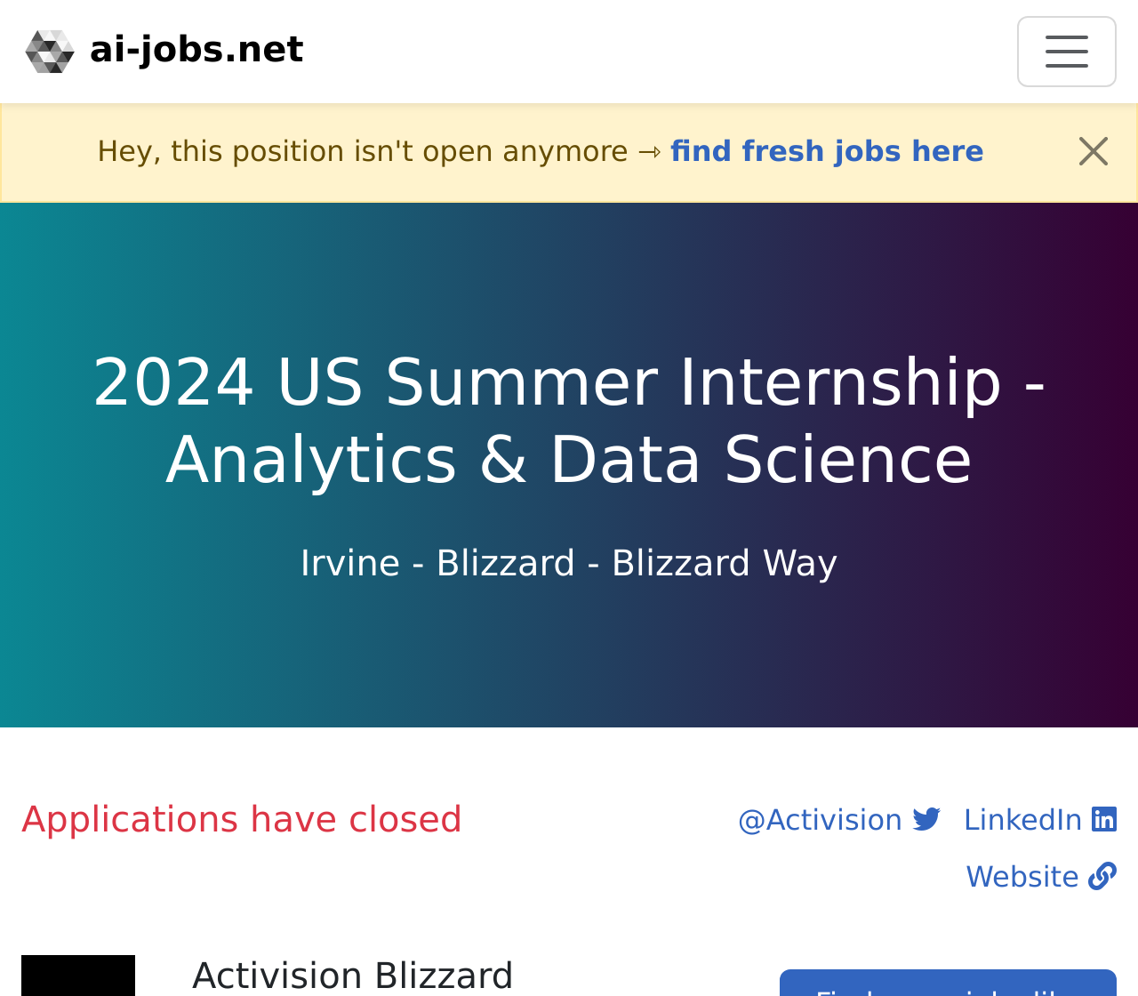 2024 US Summer Internship Analytics & Data Science at Activision