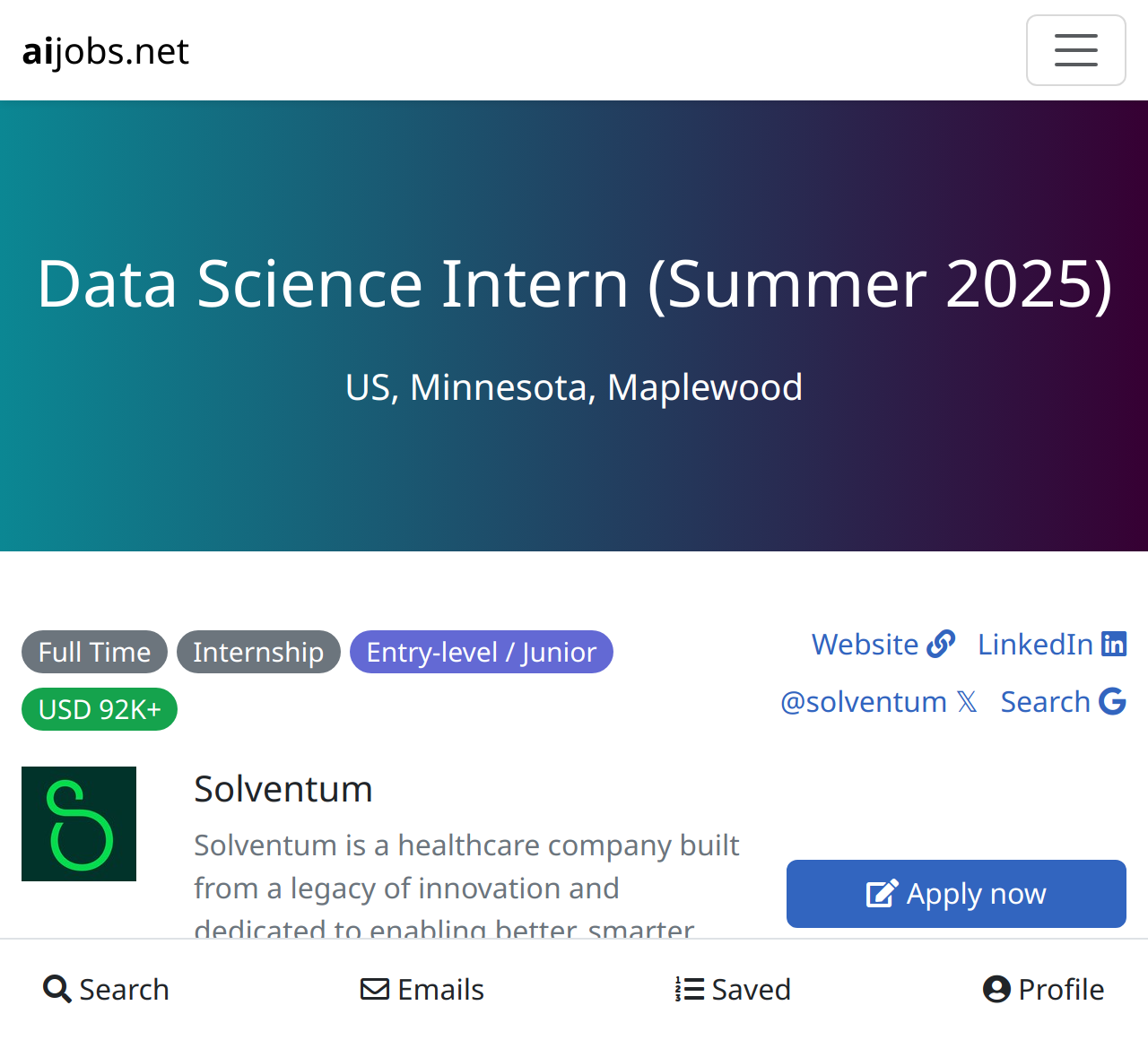 Data Science Intern (Summer 2025) at Solventum US, Minnesota