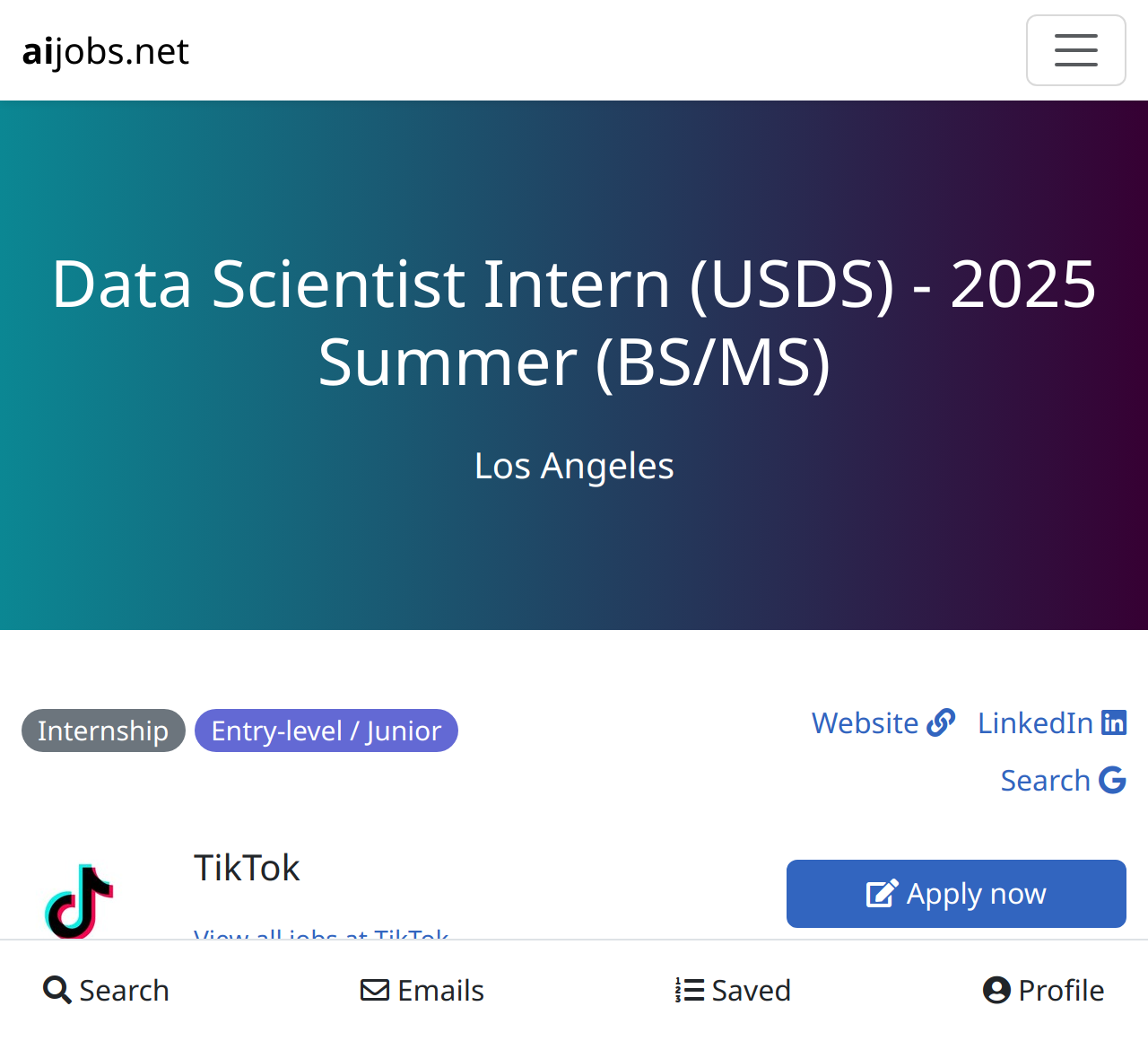 Data Scientist Intern (USDS) 2025 Summer (BS/MS) at TikTok Los