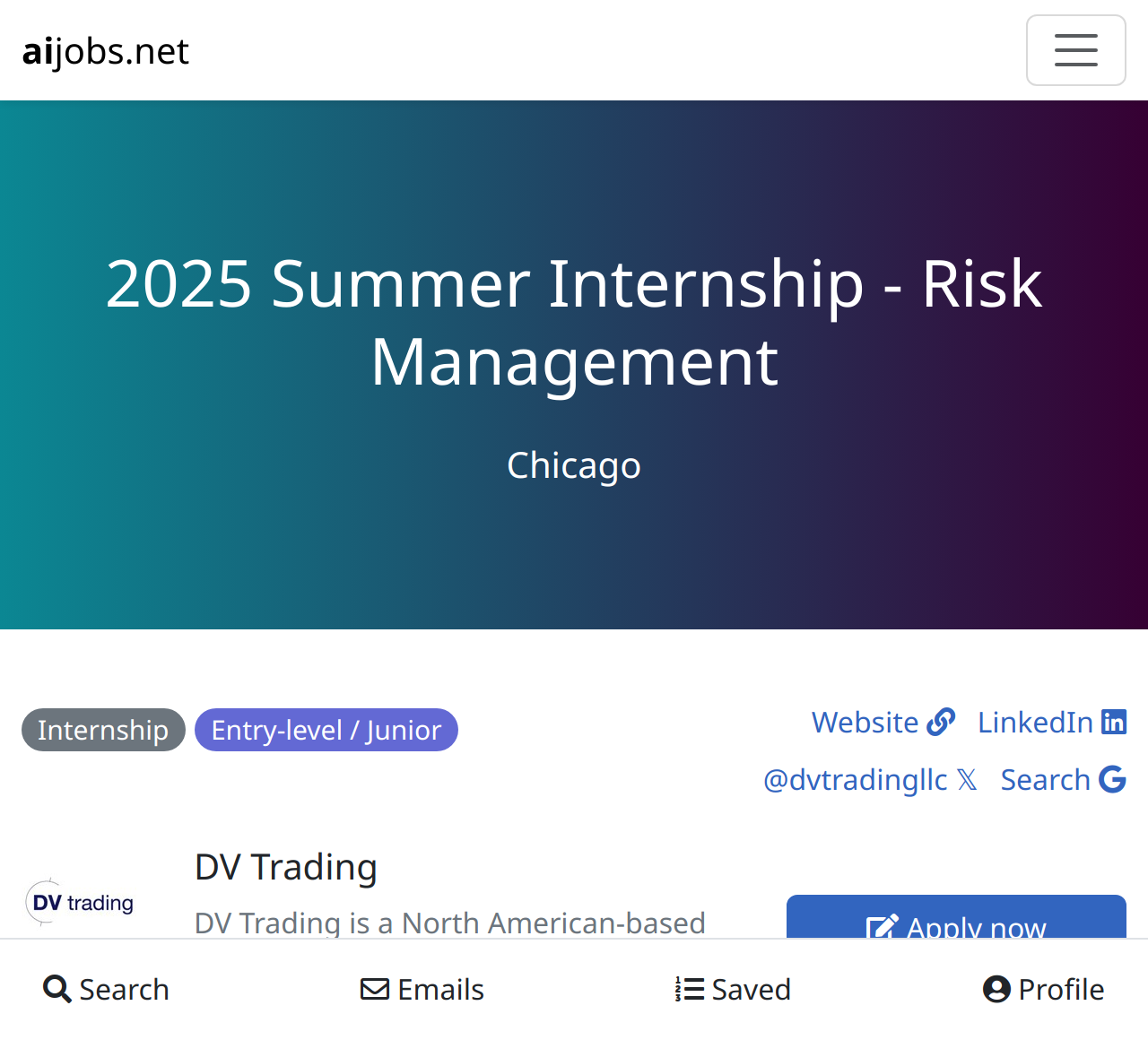 2025 Summer Internship Risk Management at DV Trading Chicago