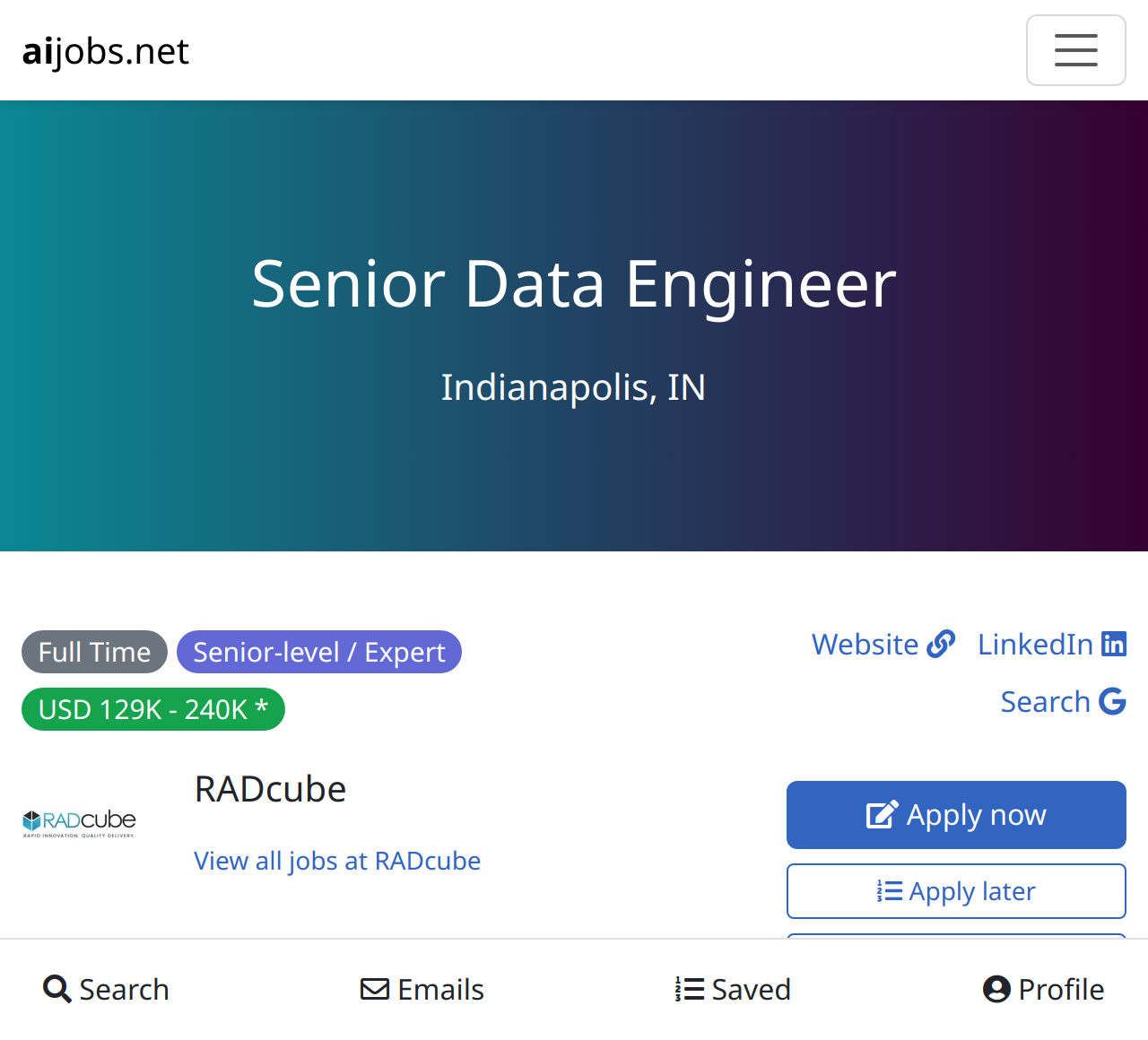 Senior Data Engineer At Radcube Indianapolis In Aijobs Net