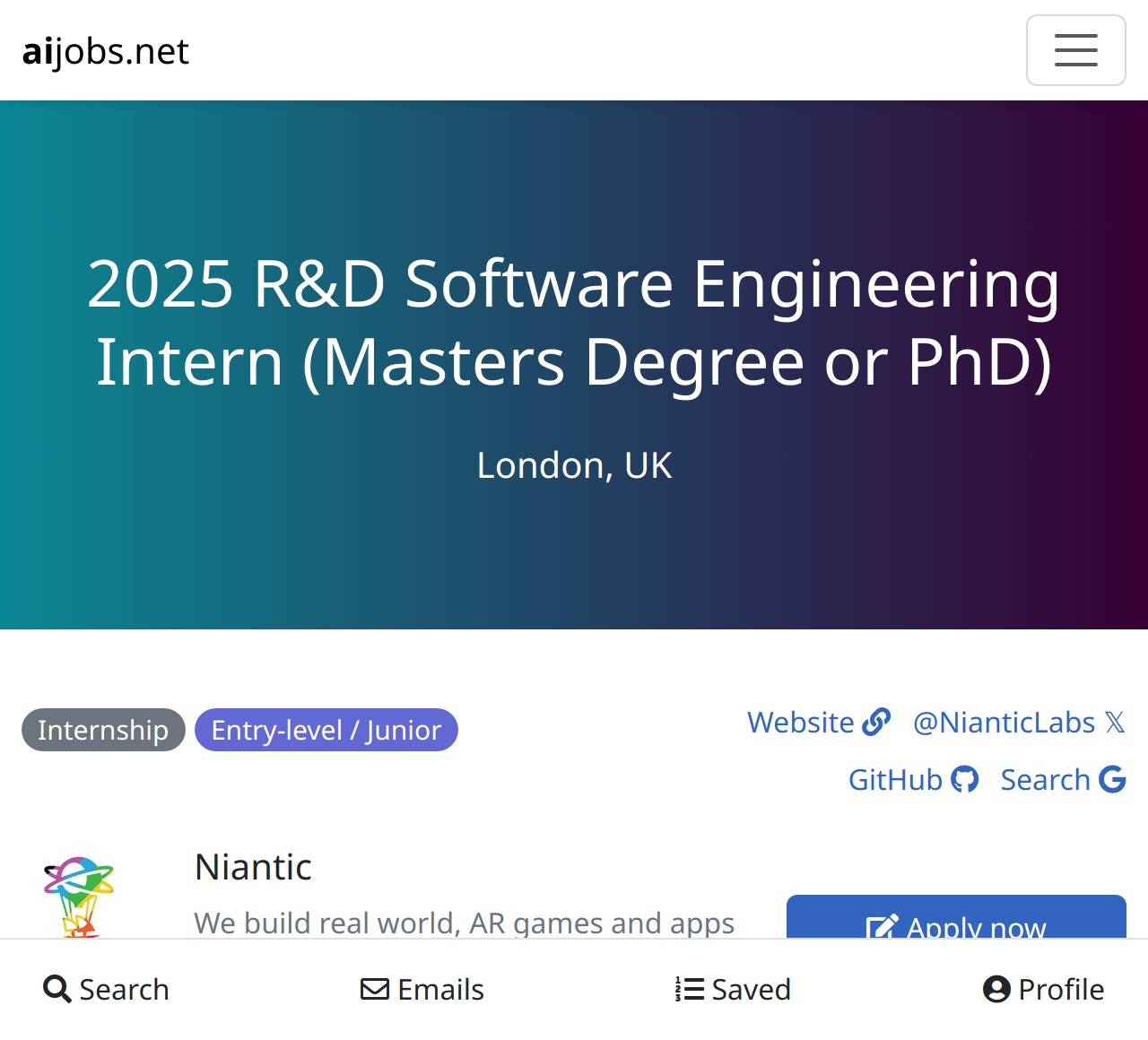 R D Software Engineering Intern Masters Degree Or Phd At Niantic