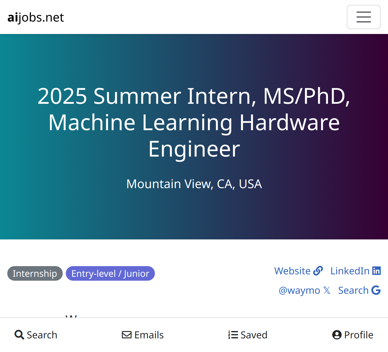 2025 Summer Intern, MS/PhD, Machine Learning Hardware Engineer at Waymo