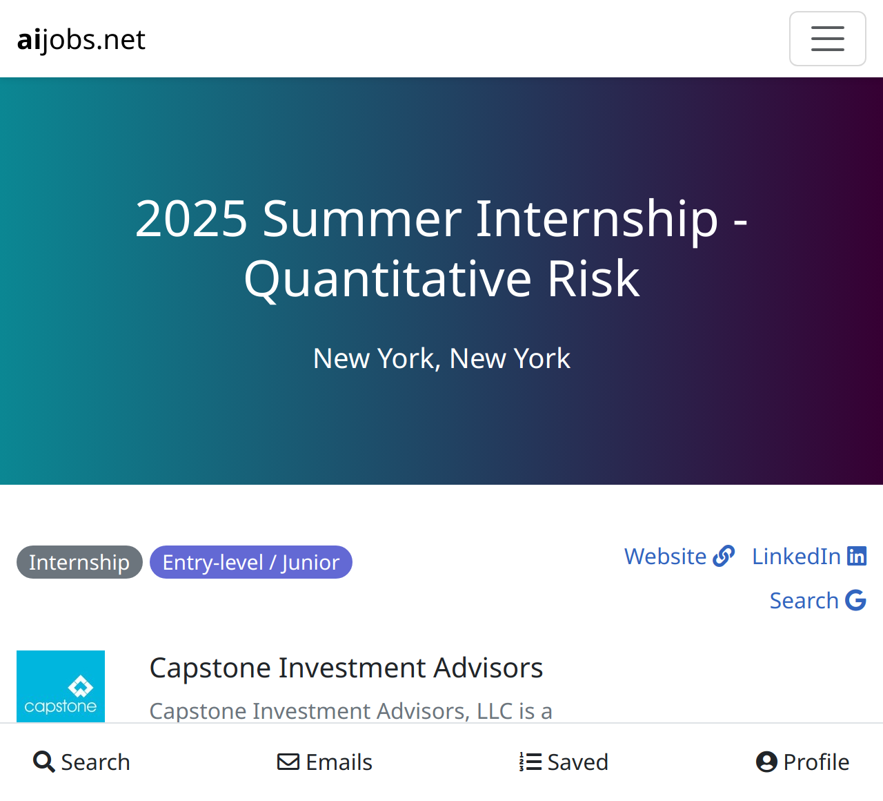 2025 Summer Internship Quantitative Risk at Capstone Investment