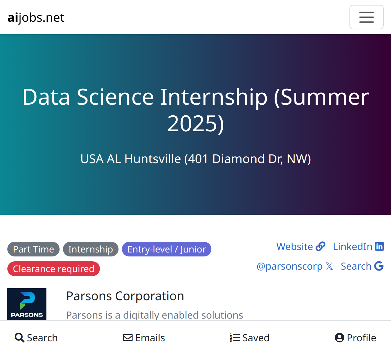 Data Science Internship (Summer 2025) at Parsons Corporation USA AL