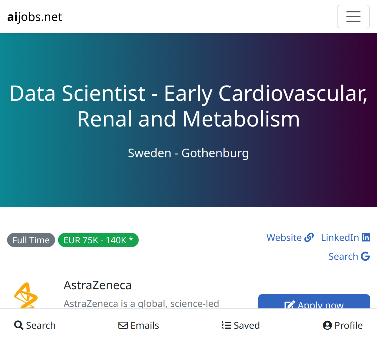 Data Scientist Early Cardiovascular Renal And Metabolism At Astrazeneca Sweden Gothenburg