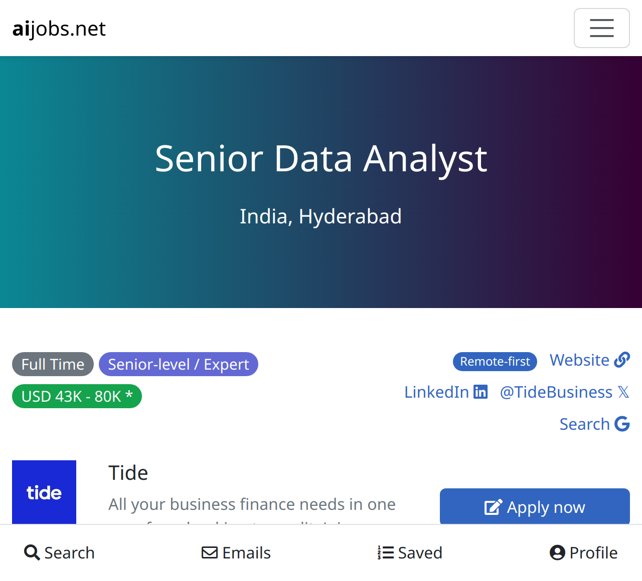 Senior Data Analyst At Tide India Hyderabad Aijobs Net