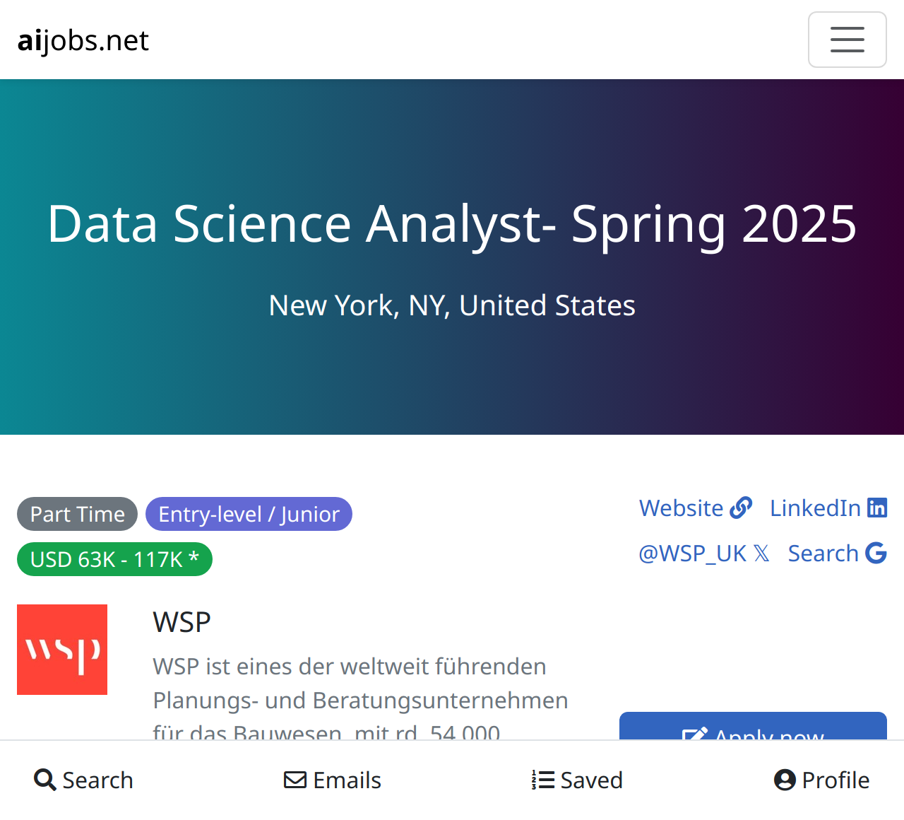 Data Science Analyst Spring 2025 at WSP New York, NY, United States