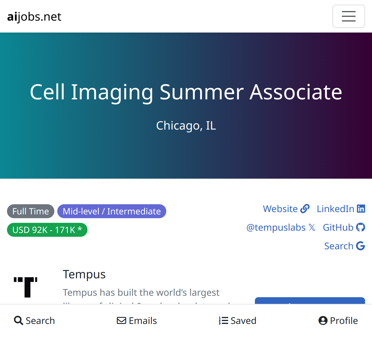 Cell Imaging Summer Associate at Tempus Chicago, IL