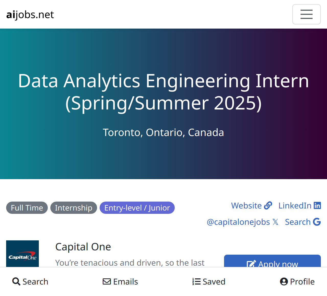 Data Analytics Engineering Intern (Spring/Summer 2025) at Capital One